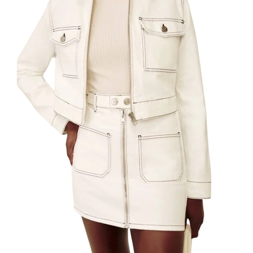 Reformation Anna Patch Pocket Denim Mini Skirt White Black Contrast Stitch 25